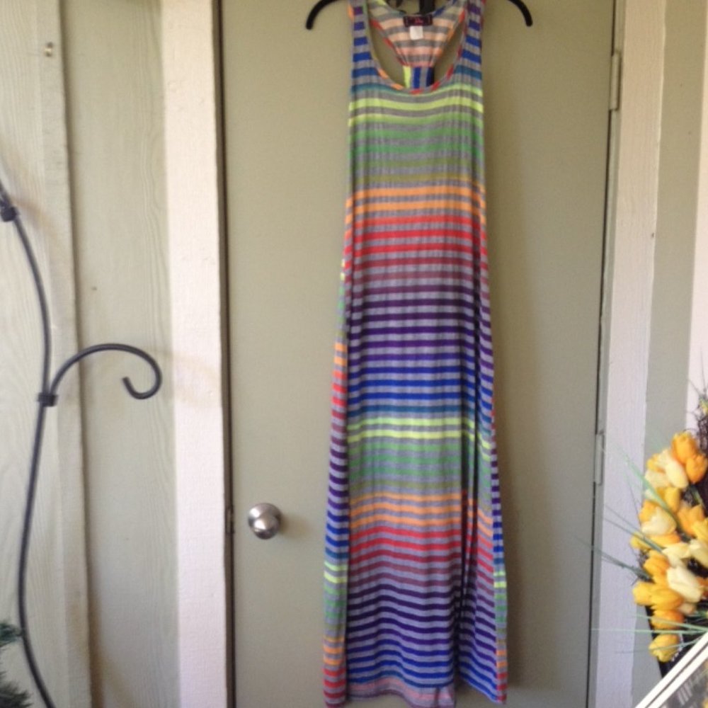 👗2/$15 Rainbow/Gray Stripe Maxi Tank Dress Cover-up Casual Dress Racerback Sml